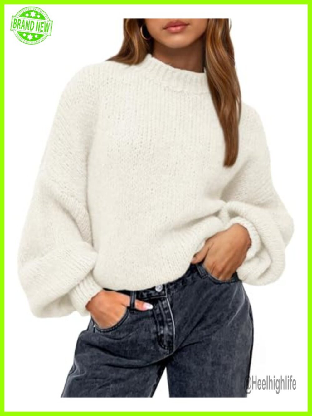 Oversized Ribbed Knit Pullover Sweater Crewneck Lantern Sleeve Fall Winter